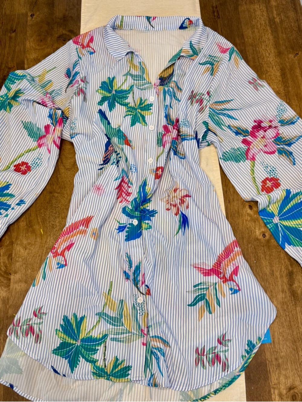 NWT Cupshe Blue-White Striped Tropical Print Button Shirt Swimsuit Cover-up